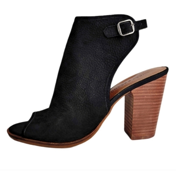 Lucky Brand Black Pebble Leather Open Toe Stacked Heels Women's Size 9.5 - Picture 9 of 9